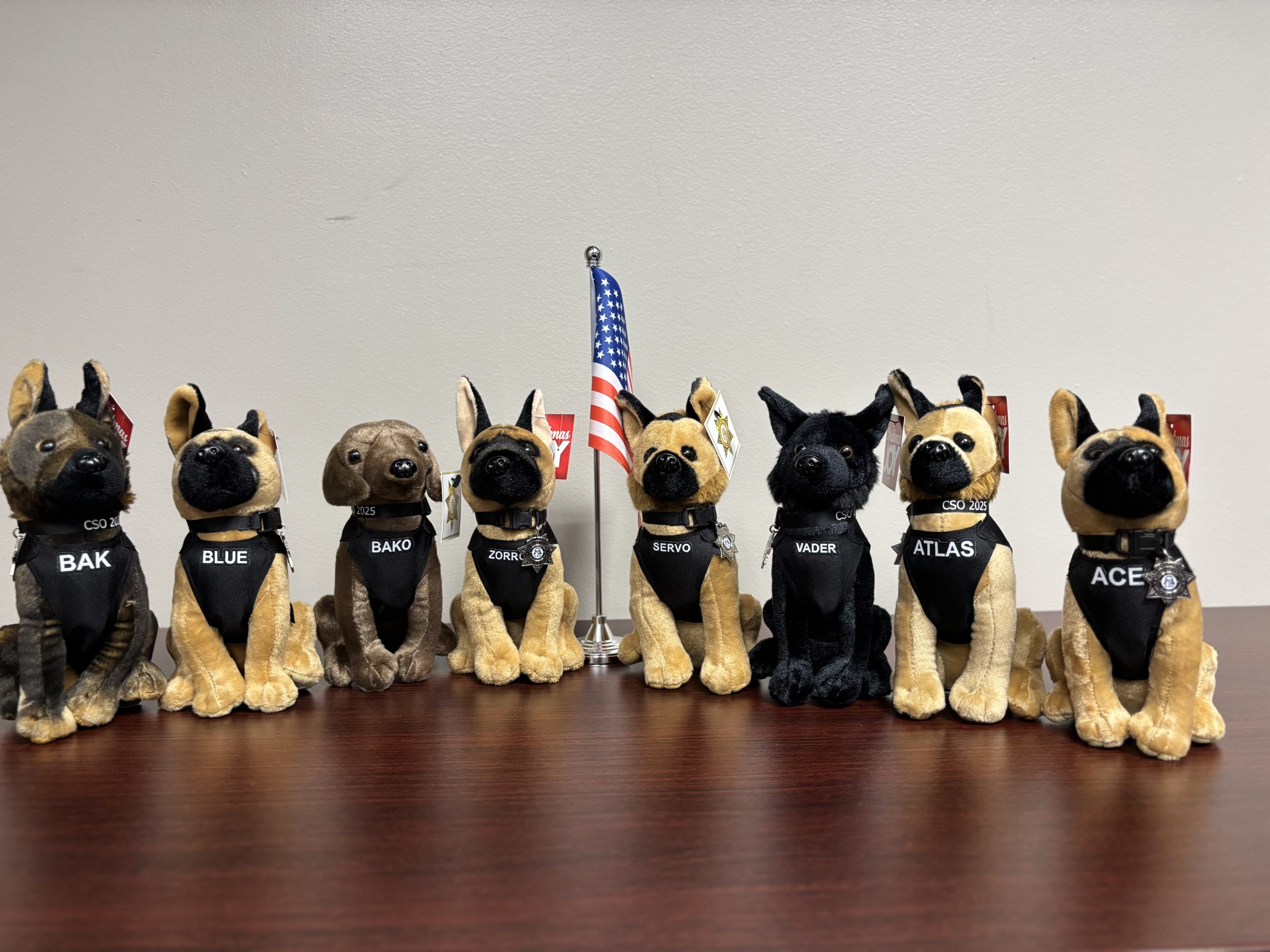 Stuffed animal replicas of Cherokee County Sheriff's K9 dogs